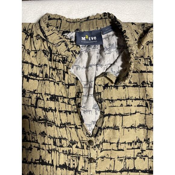 Maeve Anthropologie Tan Black Printed Popover Blouse Top Size Small Split Neck - Picture 3 of 7